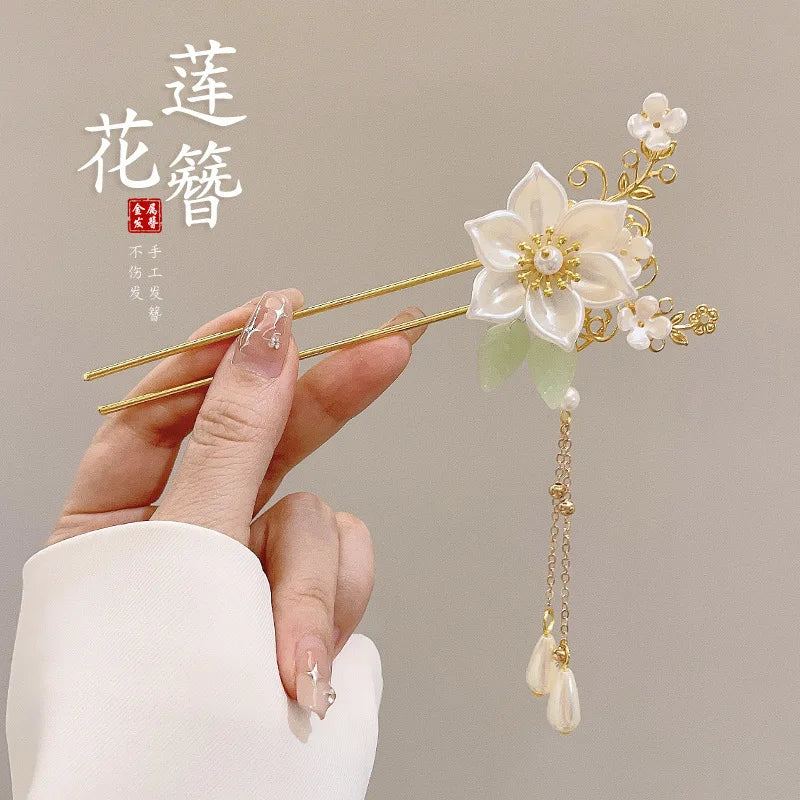 Chinese Flower Hair Clip - Elegant Enameled Tassel Hairpin
