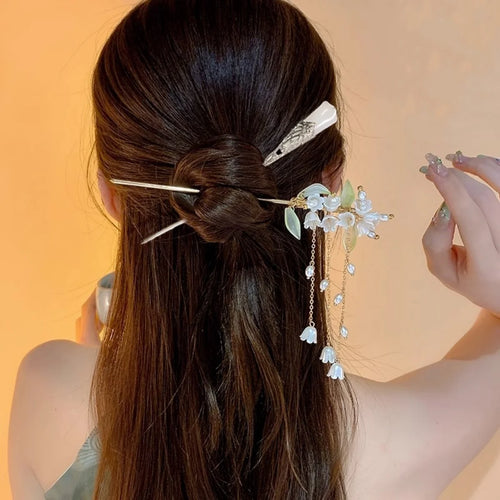 Chinese Flower Hair Clip - Elegant Enameled Tassel Hairpin