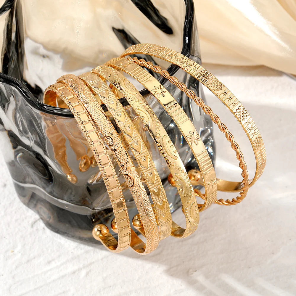 Punk Gold Bracelet Set - 7 Piece Stackable Bangles with Hearts