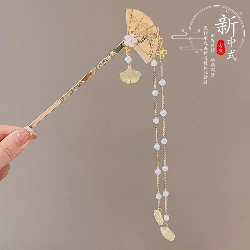 Chinese Flower Hair Clip - Elegant Enameled Tassel Hairpin
