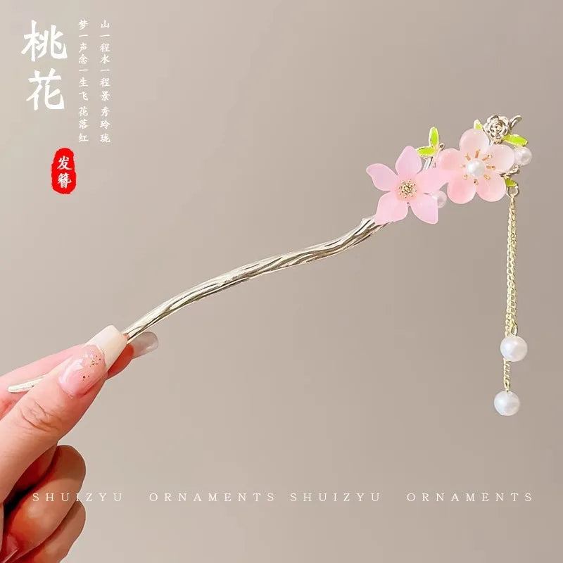 Chinese Flower Hair Clip - Elegant Enameled Tassel Hairpin