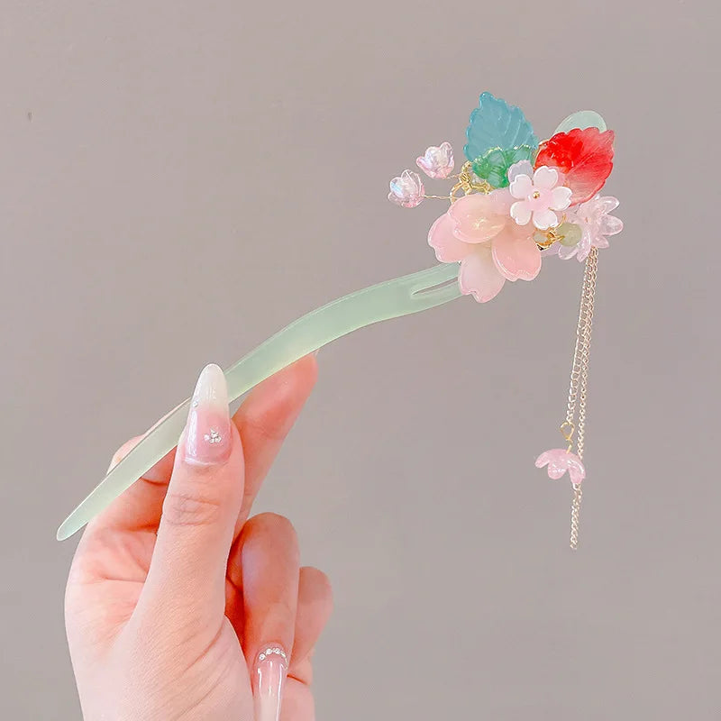 Chinese Flower Hair Clip - Elegant Enameled Tassel Hairpin