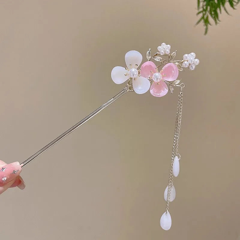 Chinese Flower Hair Clip - Elegant Enameled Tassel Hairpin