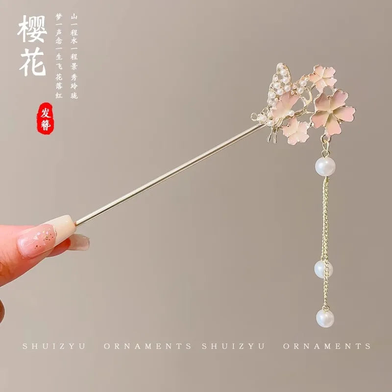 Chinese Flower Hair Clip - Elegant Enameled Tassel Hairpin