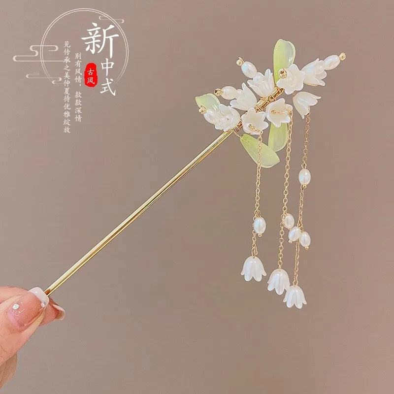 Chinese Flower Hair Clip - Elegant Enameled Tassel Hairpin