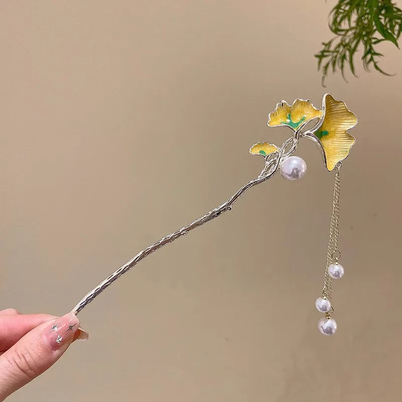 Chinese Flower Hair Clip - Elegant Enameled Tassel Hairpin