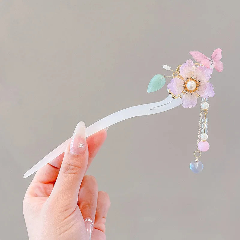 Chinese Flower Hair Clip - Elegant Enameled Tassel Hairpin