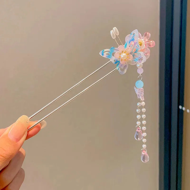 Chinese Flower Hair Clip - Elegant Enameled Tassel Hairpin