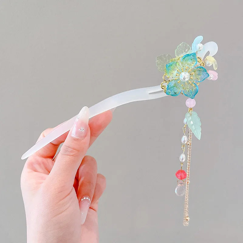 Chinese Flower Hair Clip - Elegant Enameled Tassel Hairpin
