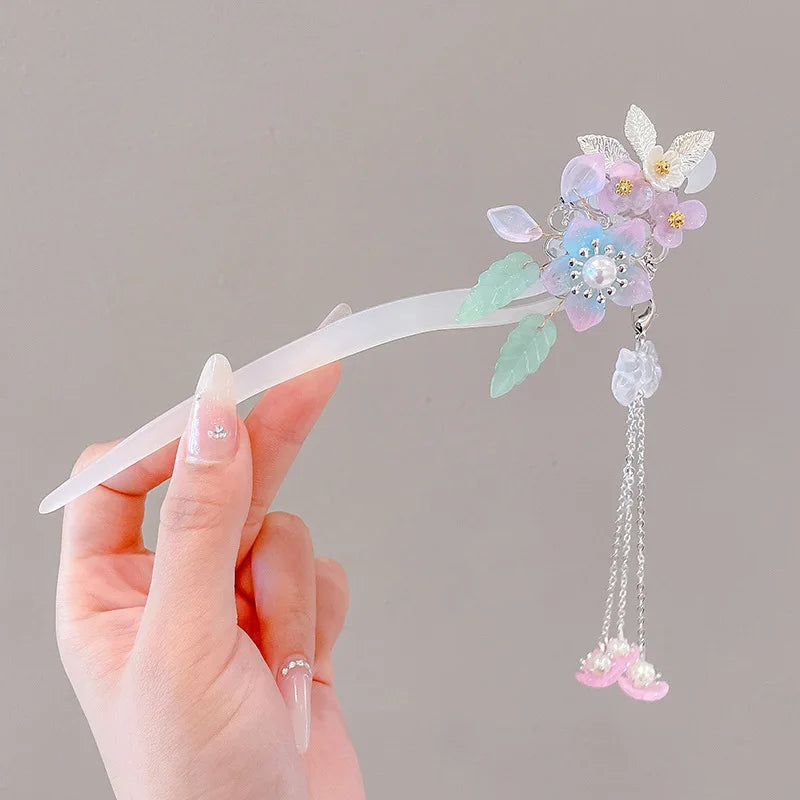 Chinese Flower Hair Clip - Elegant Enameled Tassel Hairpin