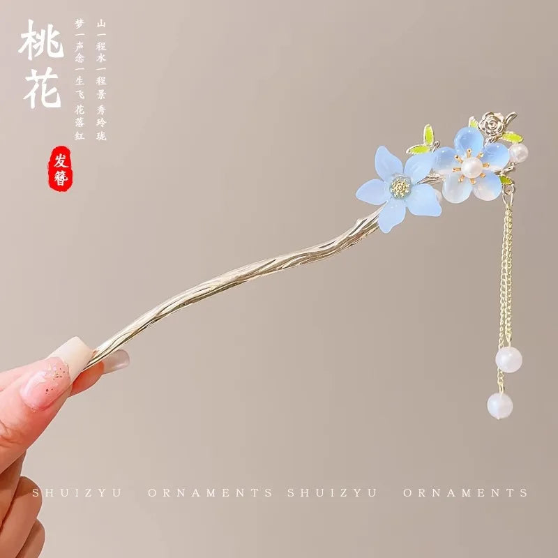 Chinese Flower Hair Clip - Elegant Enameled Tassel Hairpin
