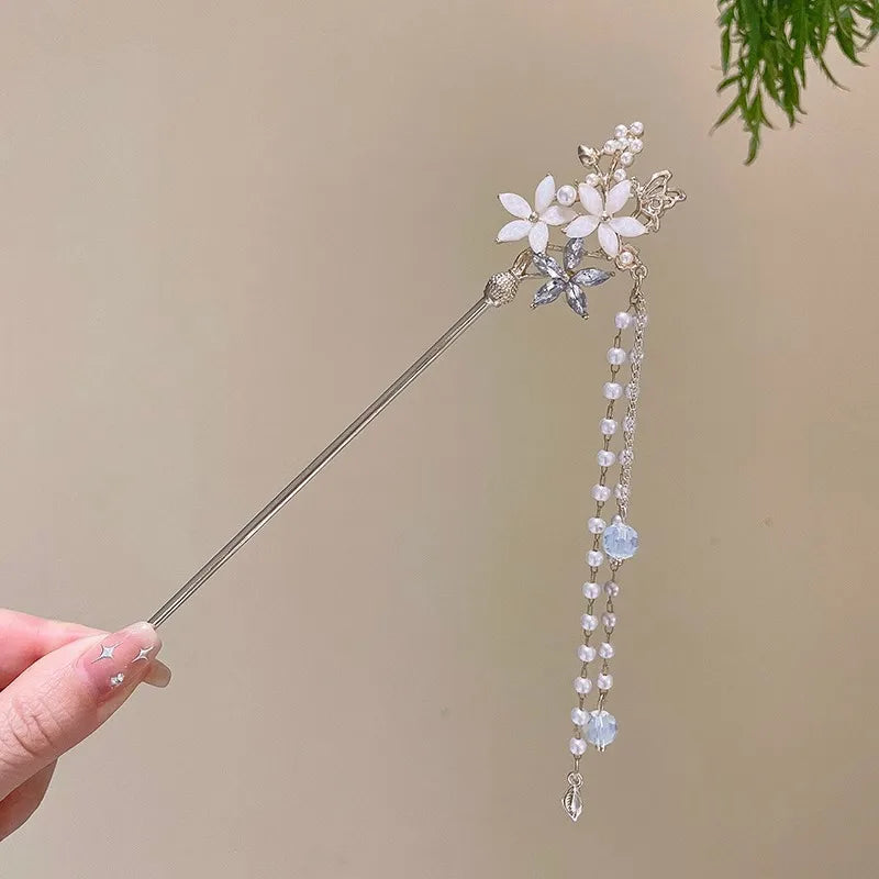 Chinese Flower Hair Clip - Elegant Enameled Tassel Hairpin