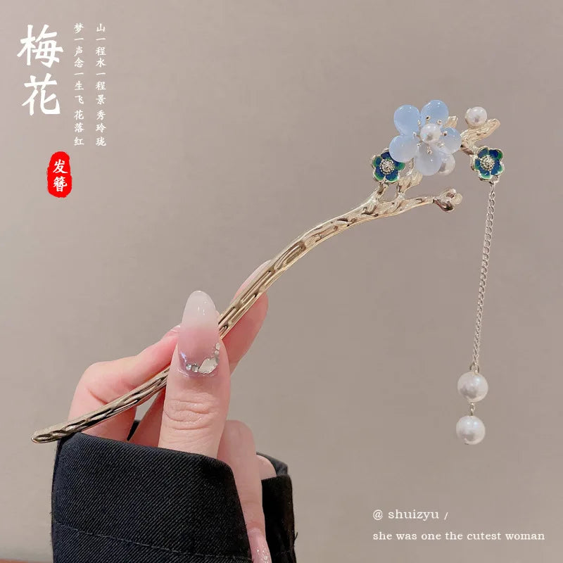 Chinese Flower Hair Clip - Elegant Enameled Tassel Hairpin