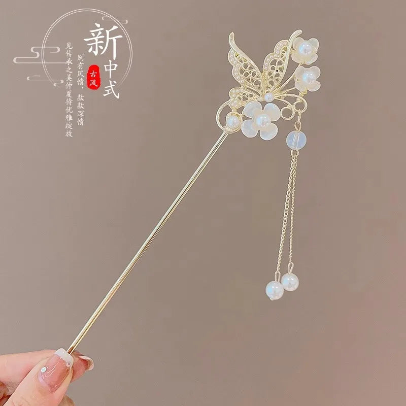 Chinese Flower Hair Clip - Elegant Enameled Tassel Hairpin