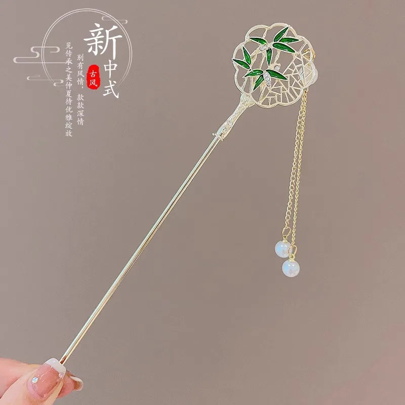 Chinese Flower Hair Clip - Elegant Enameled Tassel Hairpin